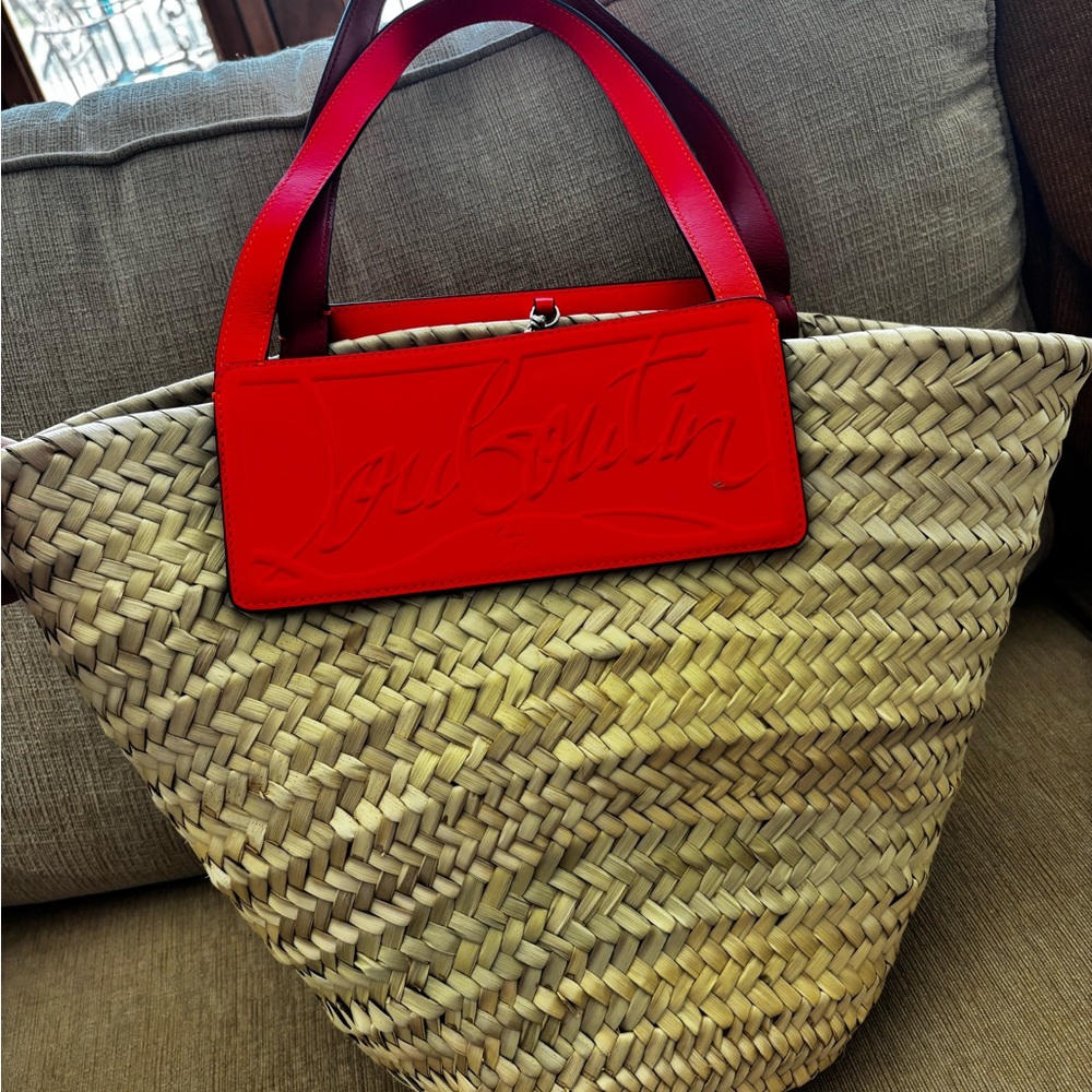 Christian Louboutin Straw Tote Bag with Orange Leather Trim - Picture 2 of 6